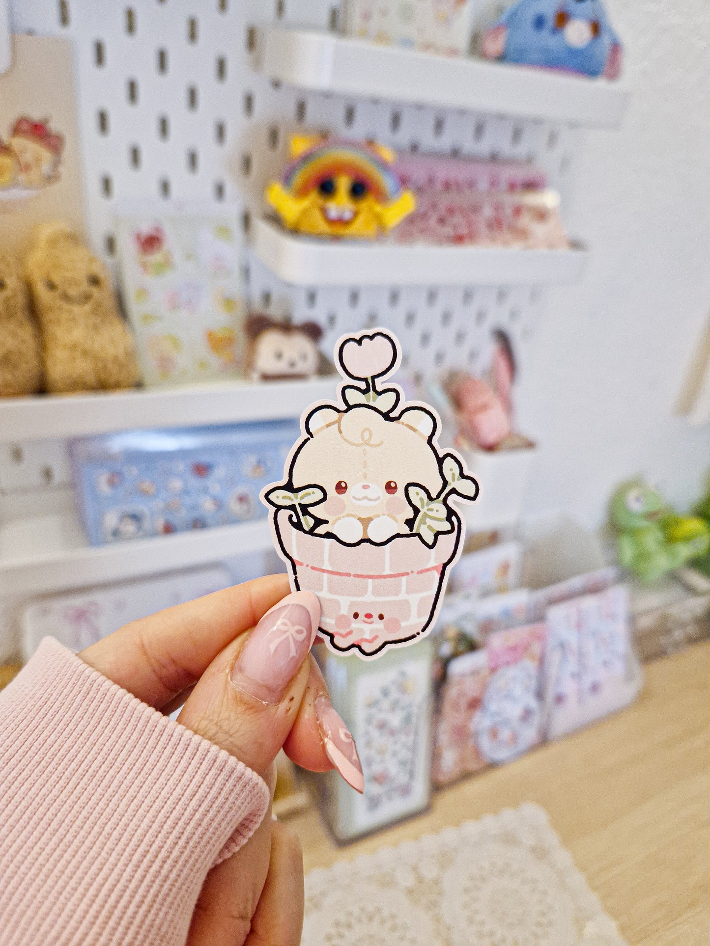 🌷 Pink Flower Teddy Die Cut Sticker 🌱