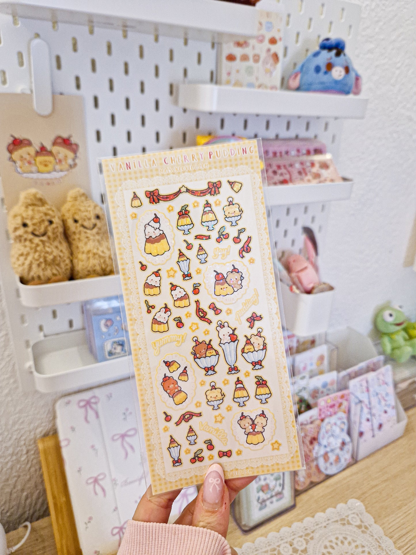 🍮 Vanilla Cherry Pudding Glitter Stickers Sheet 🍒