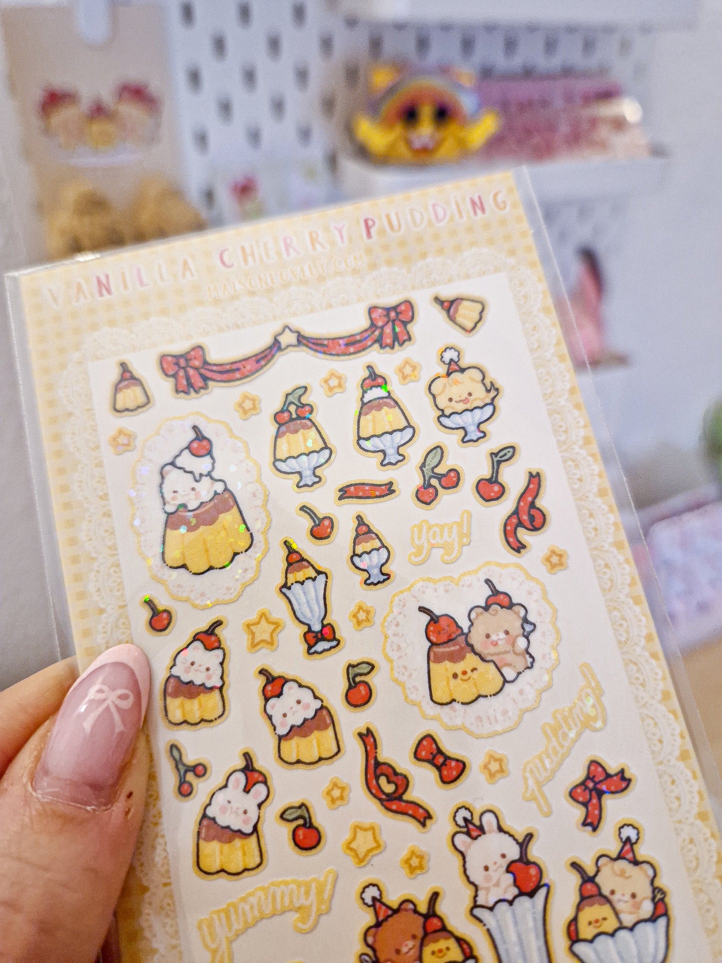 🍮 Vanilla Cherry Pudding Glitter Stickers Sheet 🍒