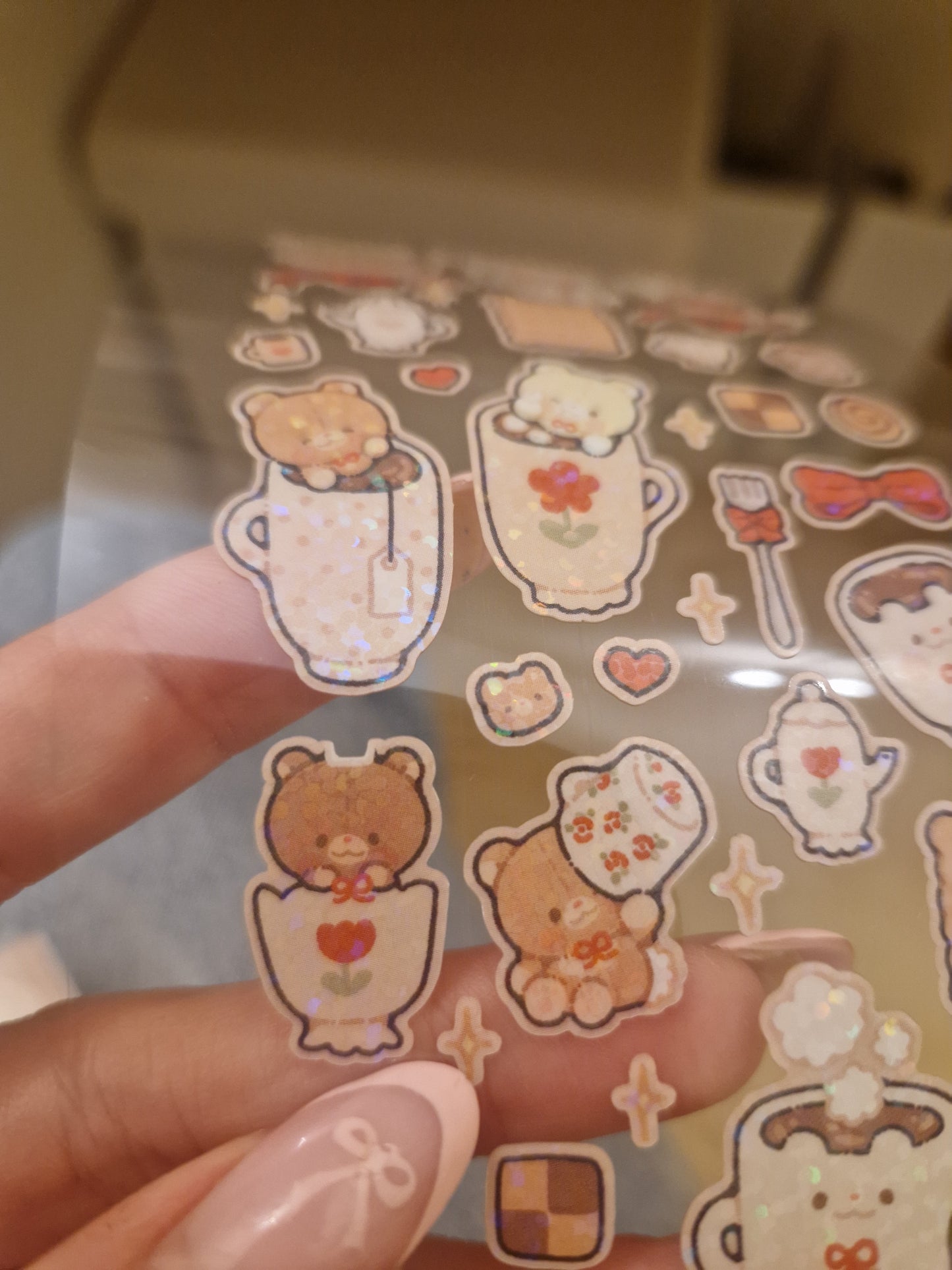 ☕️ Coffee & Tea Teddy Bears Glitter Stickers Sheet 🍪