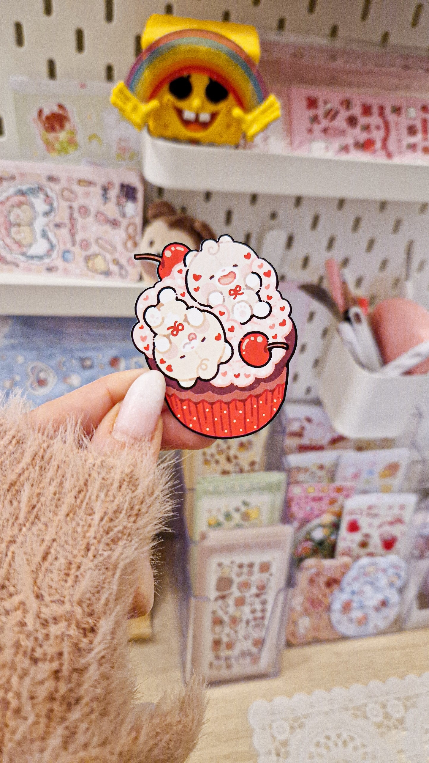 🧁Valentine Cherry Cupcake Teddies Die Cut Sticker 🍫