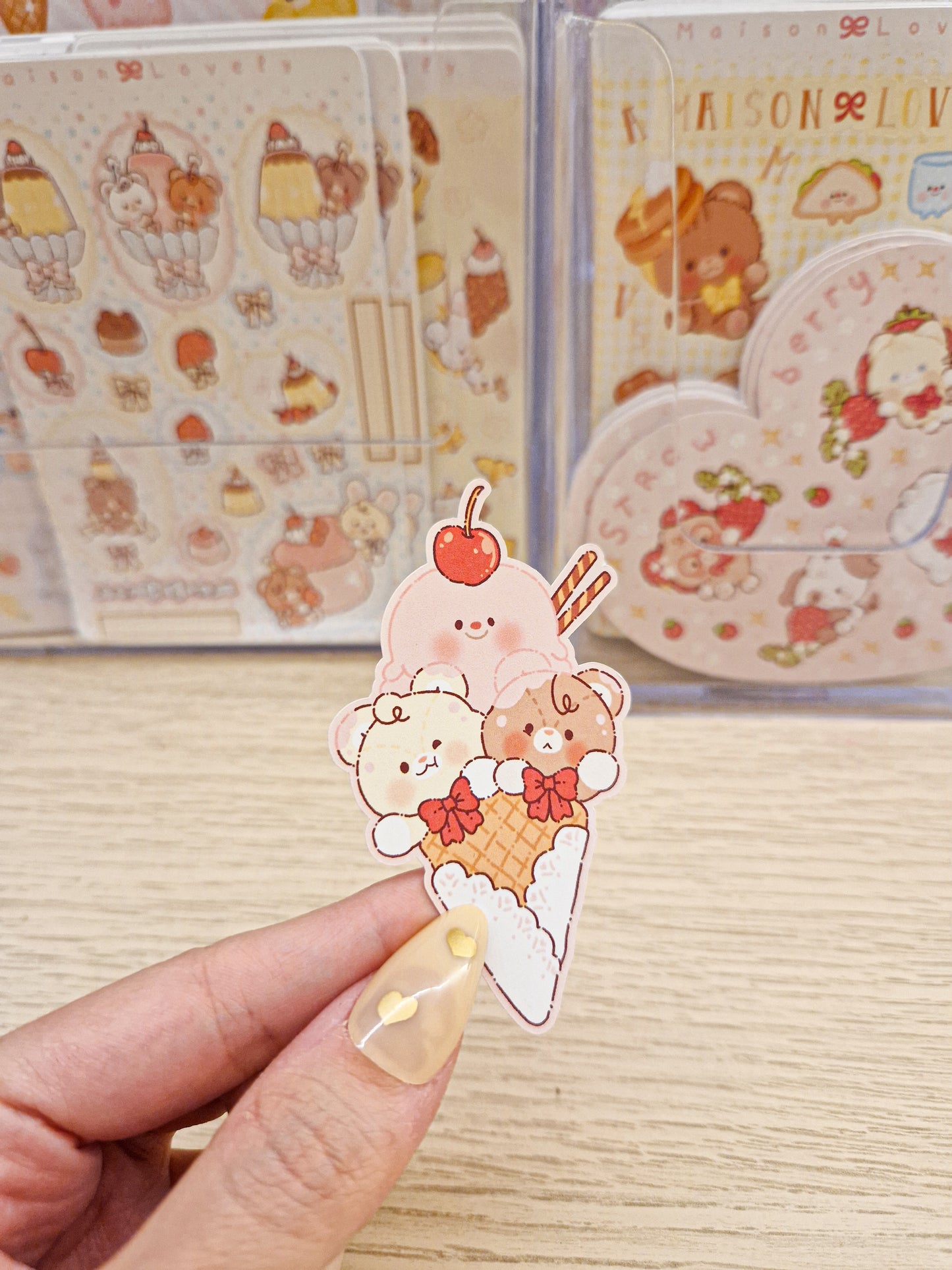 🍓 Strawberry Ice Cream Teddies Die Cut Stickers 🍦