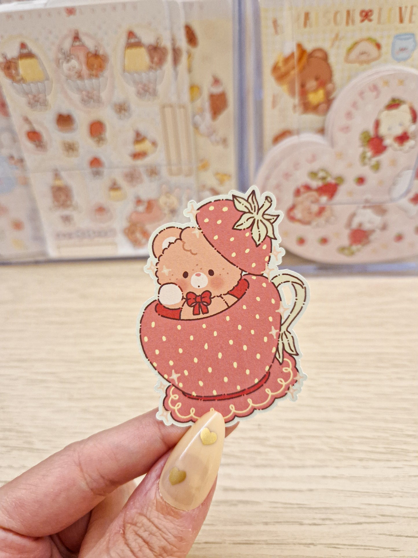 🍓 Strawberry Bear Teacup Die Cut Sticker 🐻