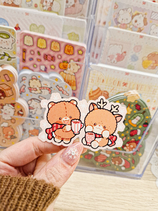🩷 Teddy & Deer Christmas Die Cut Sticker 🦌