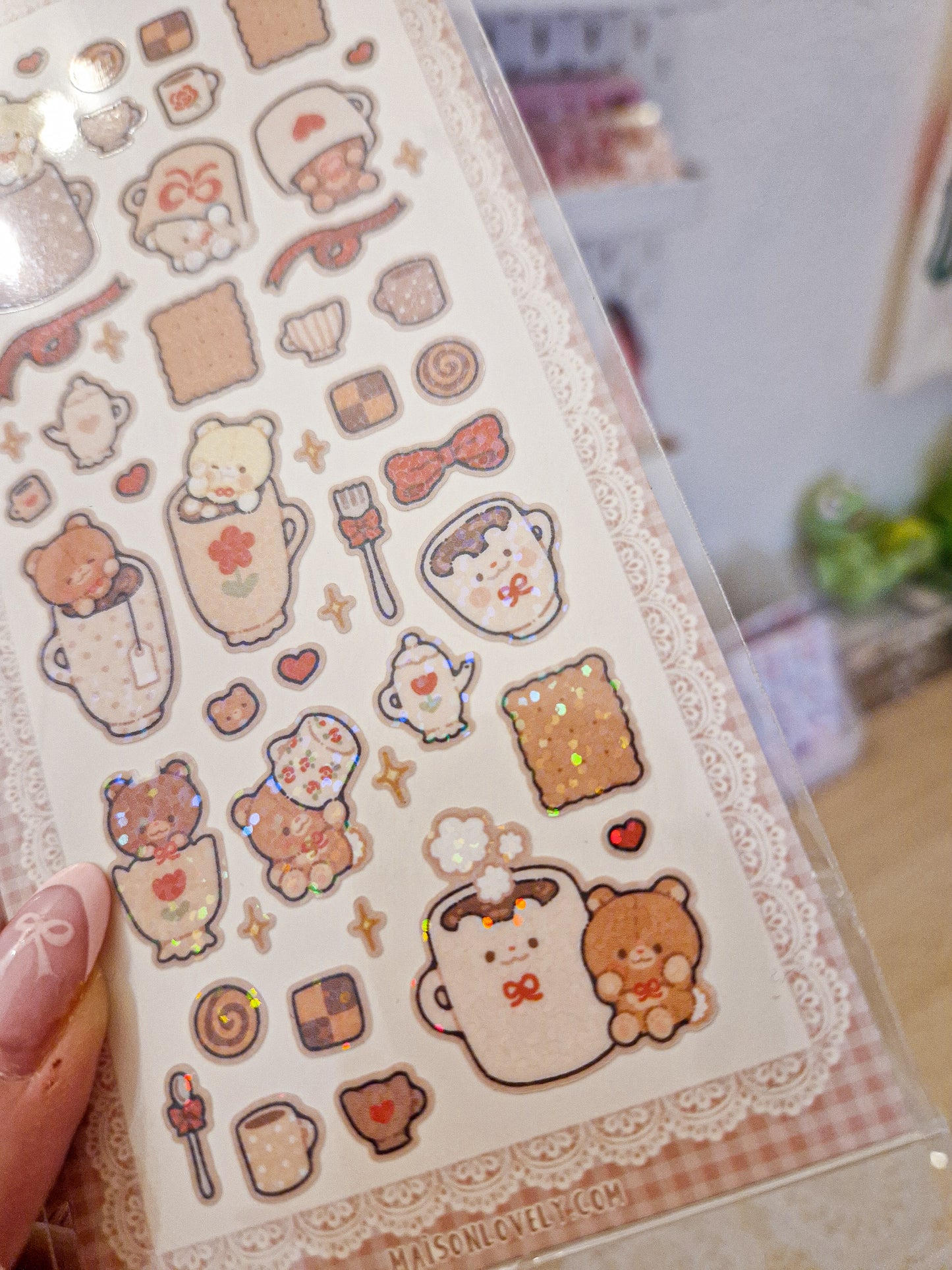 ☕️ Coffee & Tea Teddy Bears Glitter Stickers Sheet 🍪