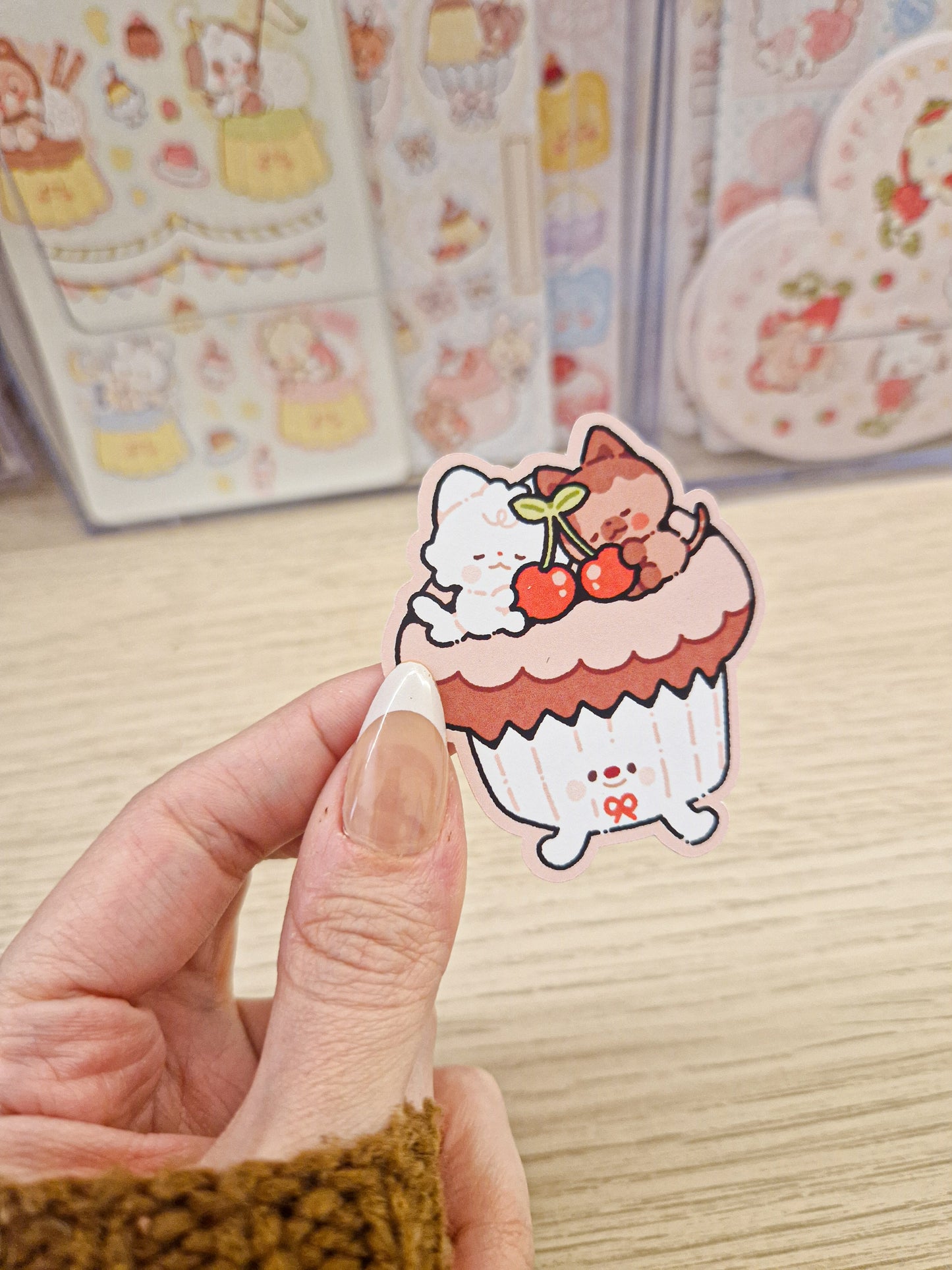 🍒 Cherry Chocolate Cupcake Kitties Die Cut Sticker 🍫
